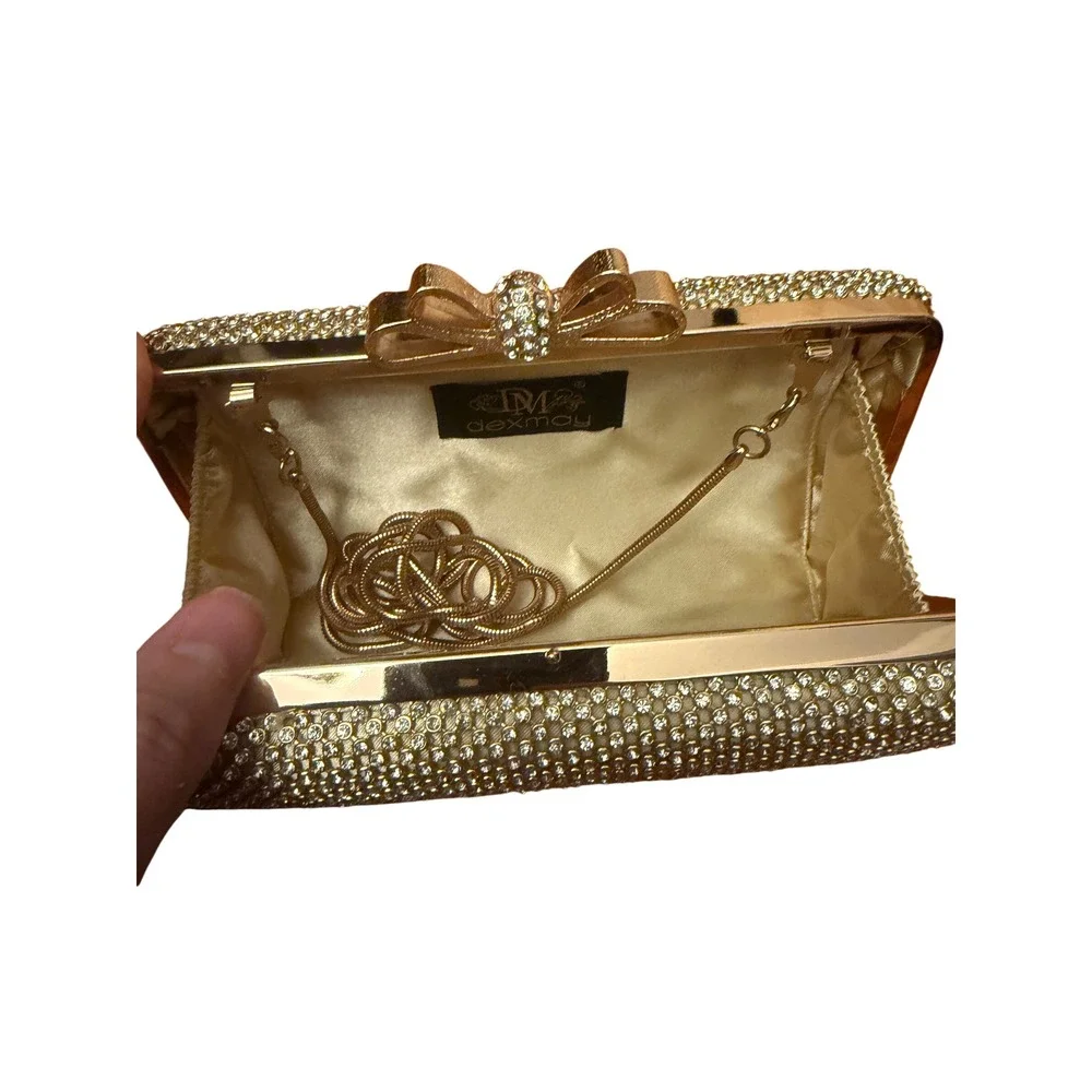 Dexmay Gold Rhinestone Evening Clutch Bag Crystal Bow Clasp Minaudiere Wedding
